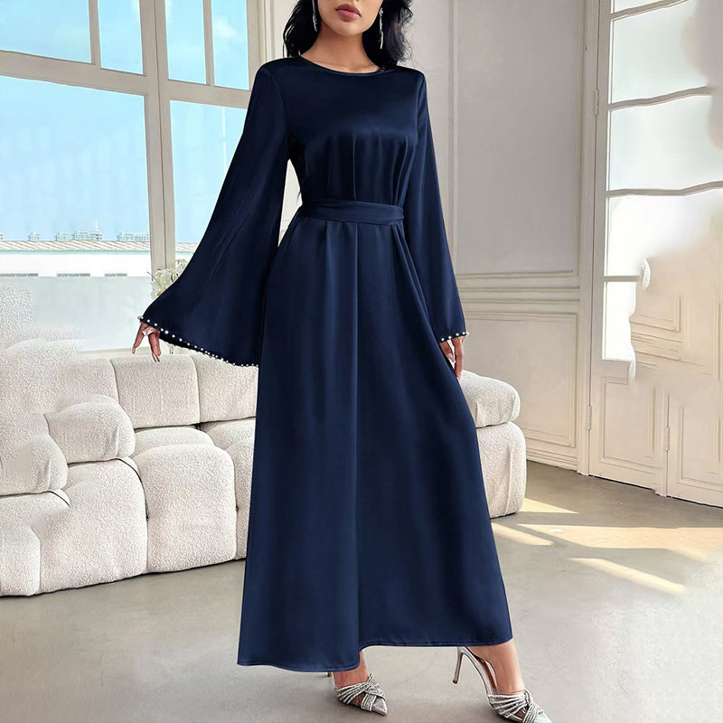 Elegant Round Neck Maxi Dress With Pearl Cuffs.