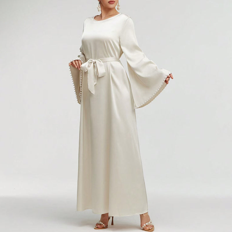 Elegant Round Neck Maxi Dress With Pearl Cuffs.