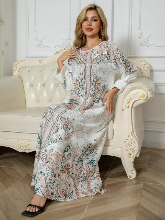 Floral Print Long Sleeve Abaya Dress