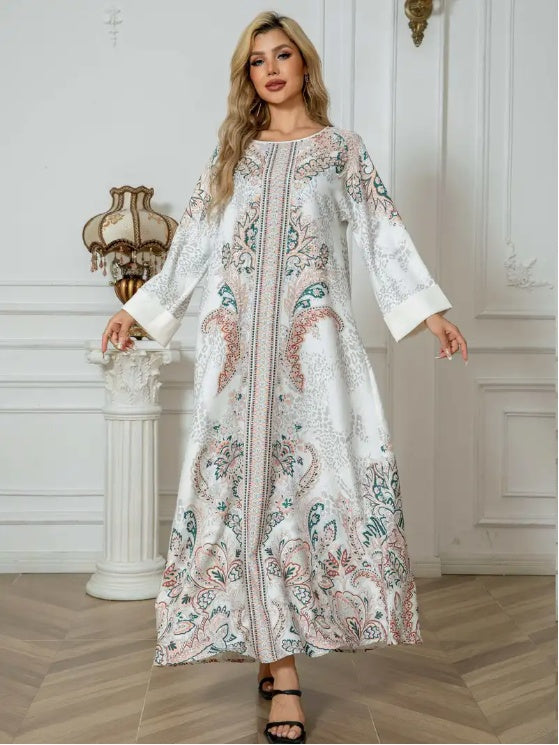 Floral Print Long Sleeve Abaya Dress