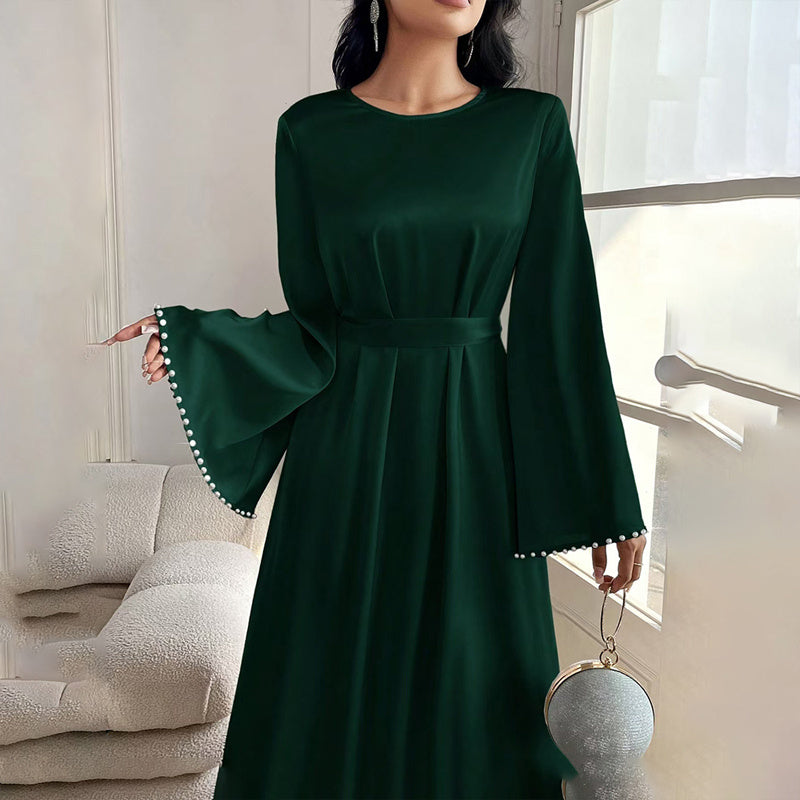 Elegant Round Neck Maxi Dress With Pearl Cuffs.